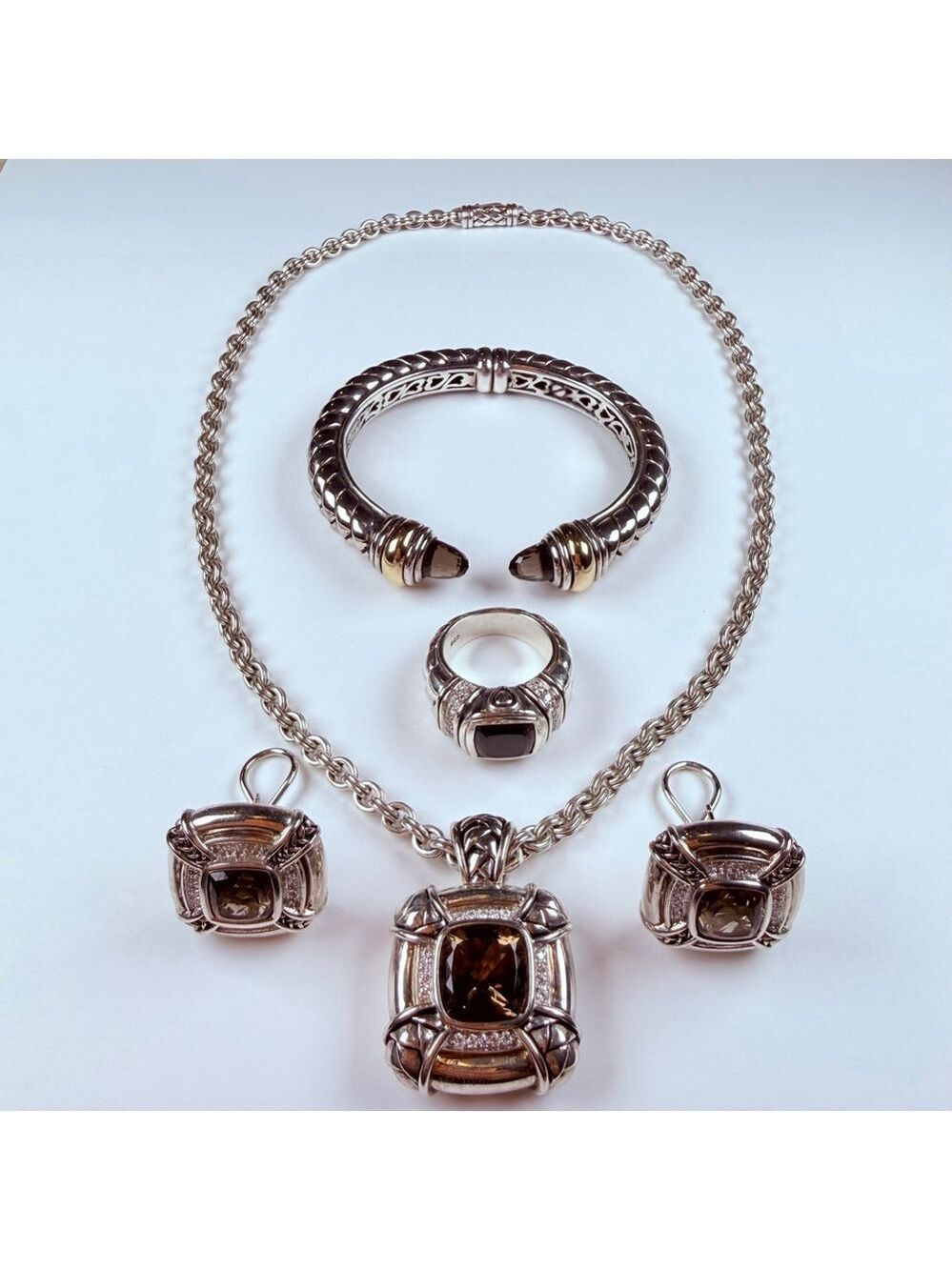 Scott Kay Cushion Smoky Quartz & Diamond Sterling Silver 925 Basket Weave Ring - Picture 11 of 12